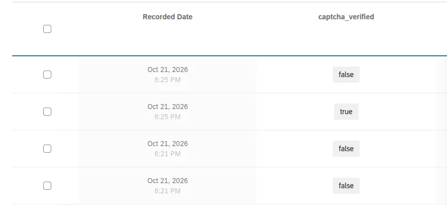 Response data with the captcha_verified column showing true for a real respondent and false for blocked attempts